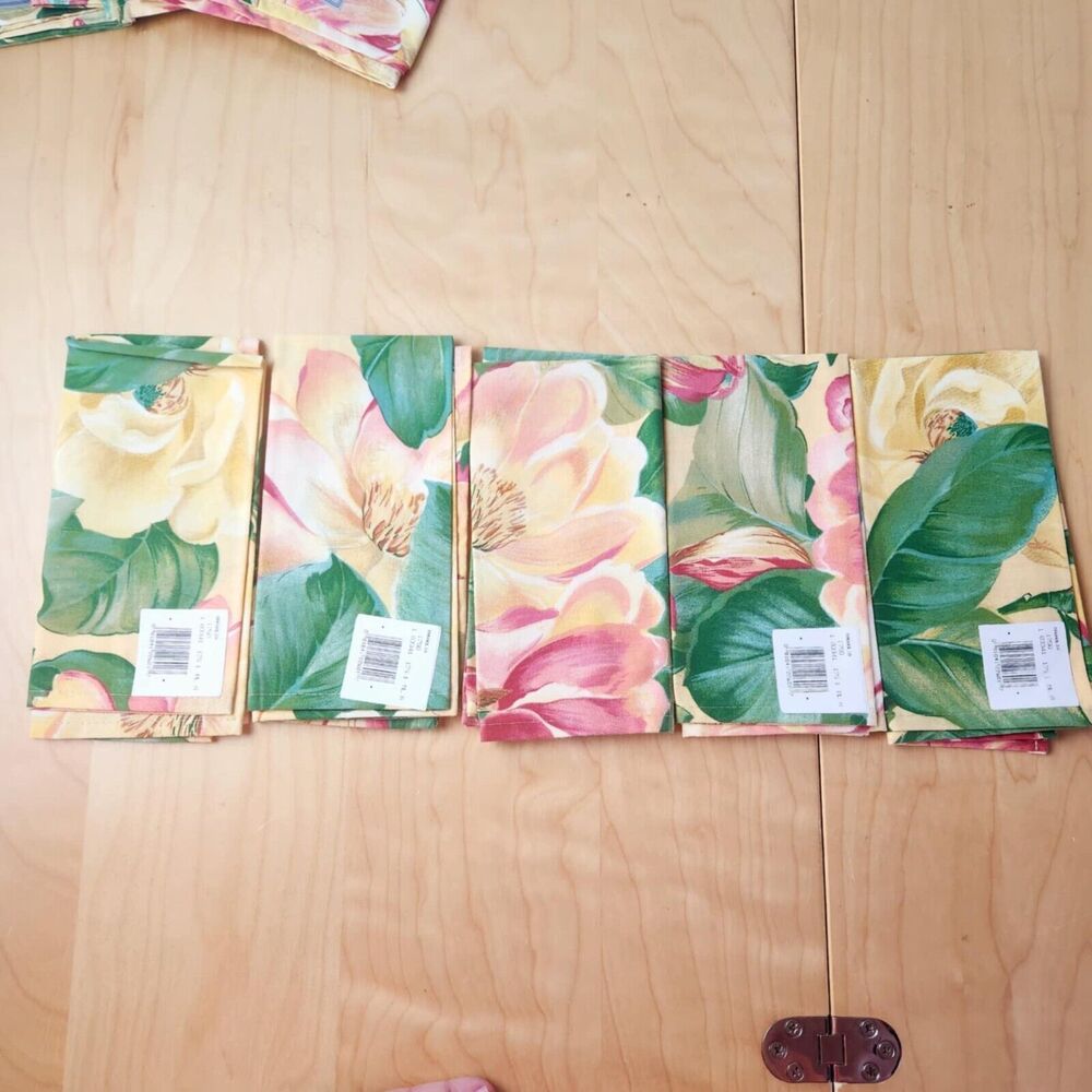 Tobin Set of Ten (10) Magnolia Cloth Napkins 100% Cotton 16" x 16" Yellow Pink - Picture 6 of 8